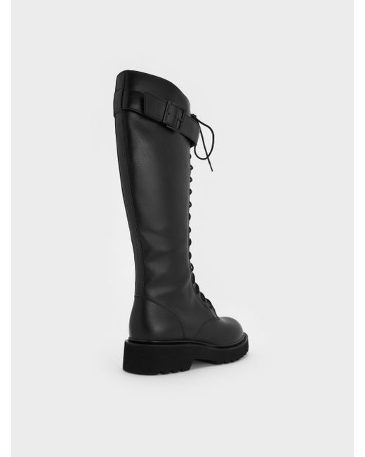 Charles & Keith Black Darian Lace-Up Buckle-Strap Knee-High Boots