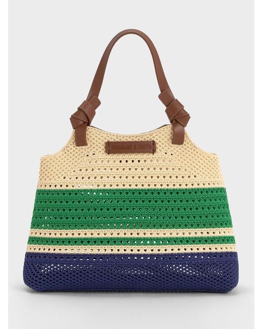 Charles & Keith Green Ida Striped Knotted Handle Tote Bag