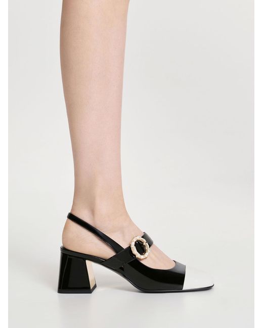 Charles & Keith Multicolor Patent Two-tone Pearl Buckle Slingback Pumps