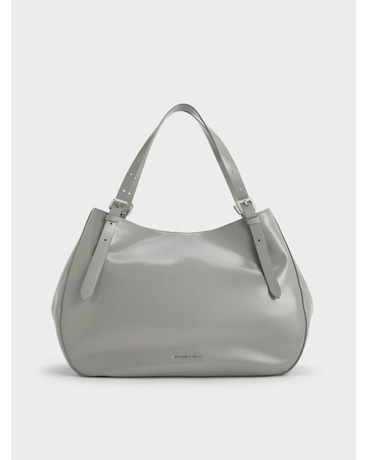 Charles & Keith Gray Buckle-strap Slouchy Tote Bag