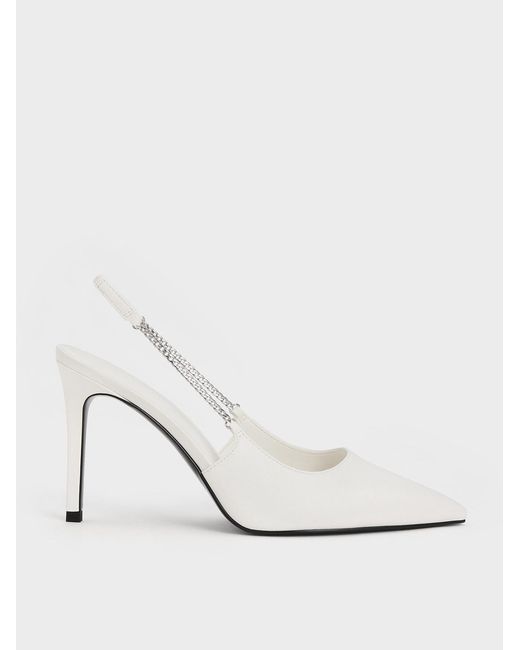 Charles & Keith White Chain-link Pointed-toe Slingback Pumps