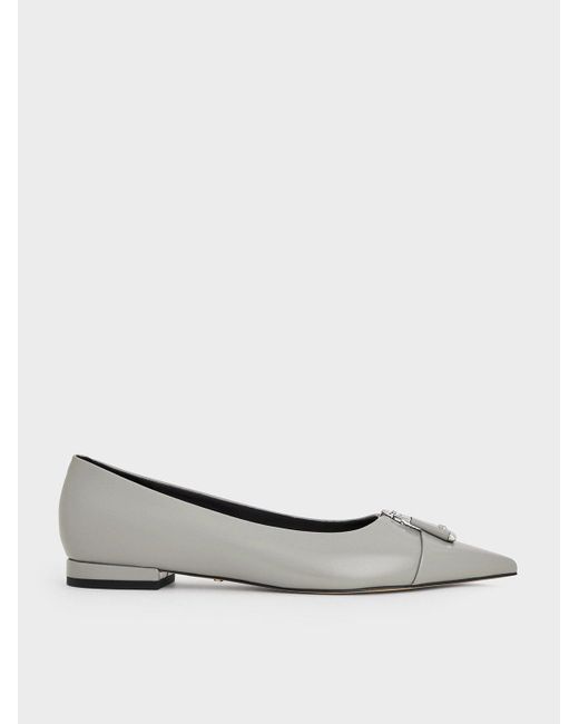 Charles & Keith White Nina Leather Pointed Cap-Toe Flats