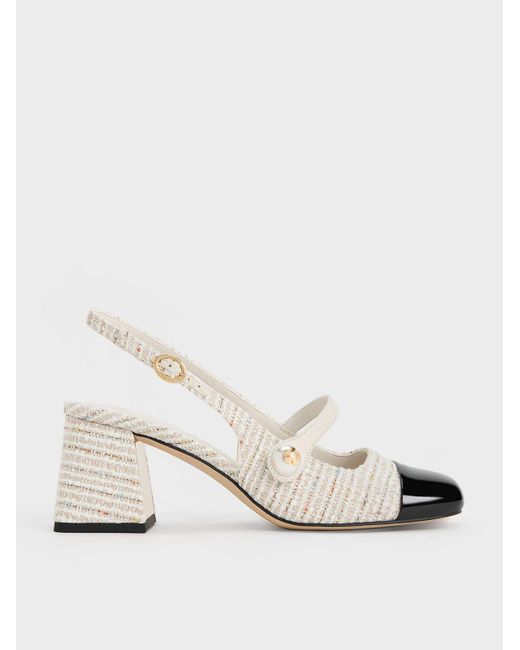 Charles & Keith Natural Tweed Pearl Embellished Trapeze-heel Slingback Pumps