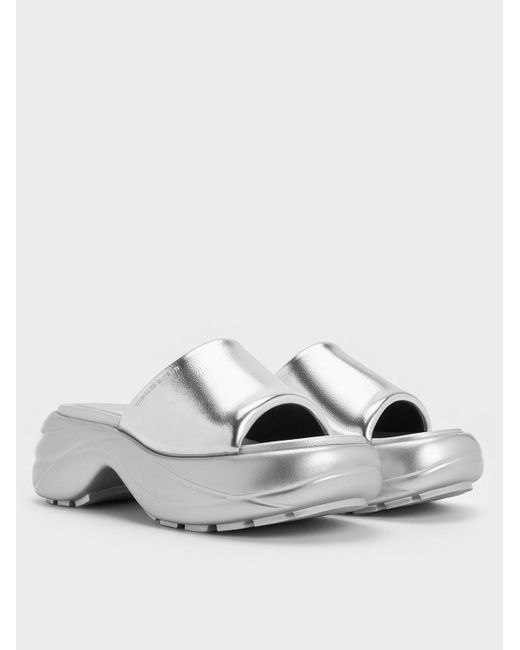 Charles & Keith White Metallic Wide-strap Curved Platform Sports Sandals