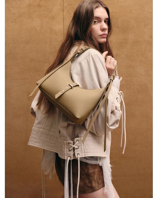 Charles & Keith White Lark Twill Grommet Belted Shoulder Bag