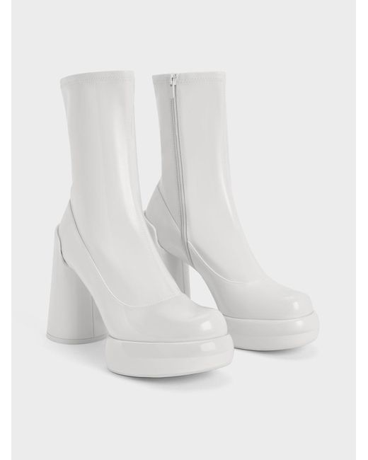 Charles & Keith White Darcy Patent Platform Ankle Boots