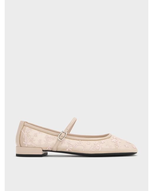 Charles & Keith Natural Gertrude Embroidered-Mesh Mary Janes