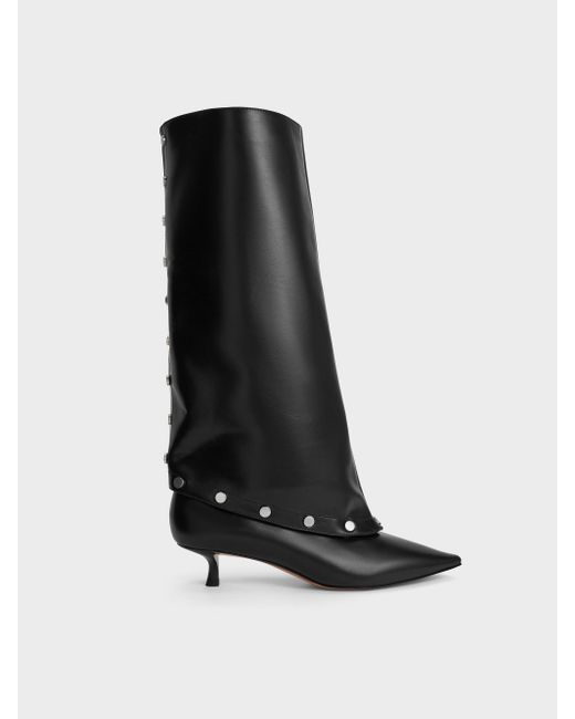 Charles & Keith Black Gael Studded Convertible Kitten-heel Knee-high Boots