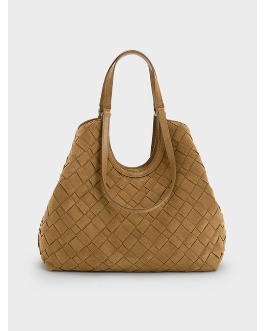 Charles & Keith Brown Ivette Recycled Suede Woven Tote Bag