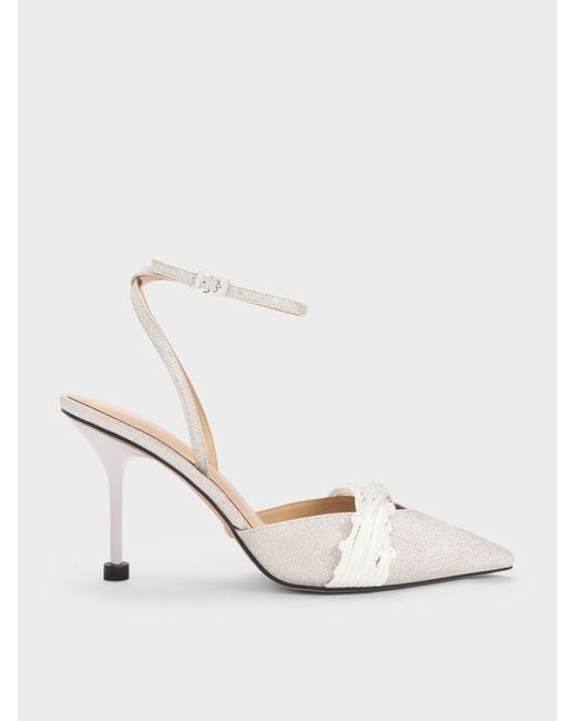 Charles & Keith White Leda Beaded Glittered Ankle-strap Pumps