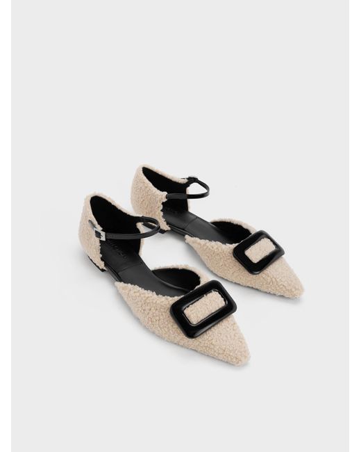 Charles & Keith Natural Rosalie Leather Furry D'orsay Flats