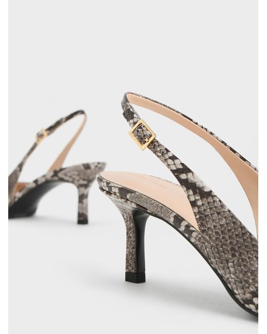 Charles & Keith White Snake-print Metallic-accent Slingback Pumps
