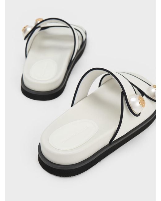 Charles & Keith White Pearl Embellished Contrast-trim Slides