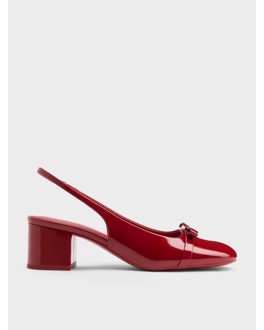 Charles & Keith Red Dorian Patent Bow Block-Heel Slingback Pumps