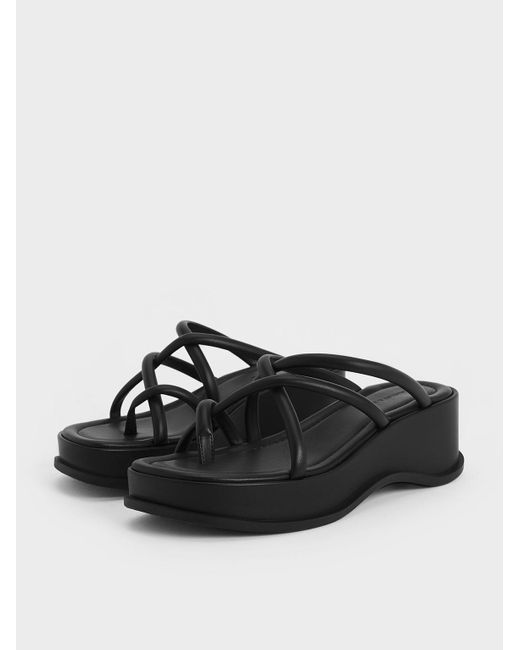 Charles & Keith Black Strappy Tubular Wedge Sandals