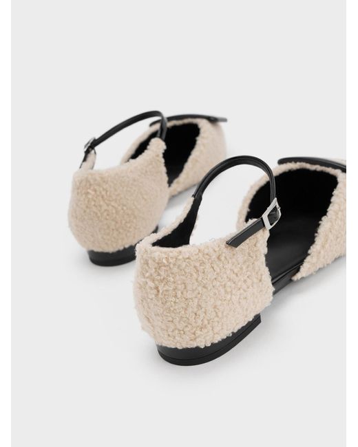 Charles & Keith Natural Rosalie Leather Furry D'orsay Flats