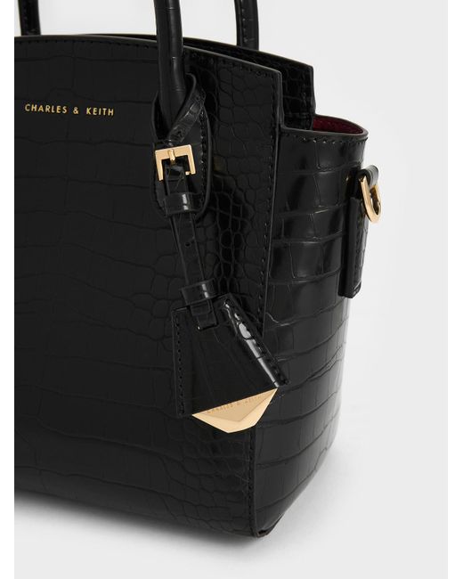 Charles & Keith Black Harper Croc-effect Structured Top Handle Bag