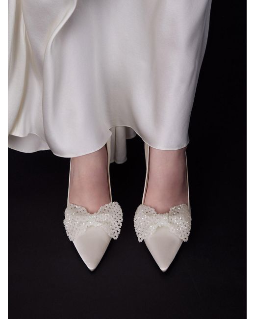 Charles & Keith White Recycled Polyester Beaded Bow Pumps