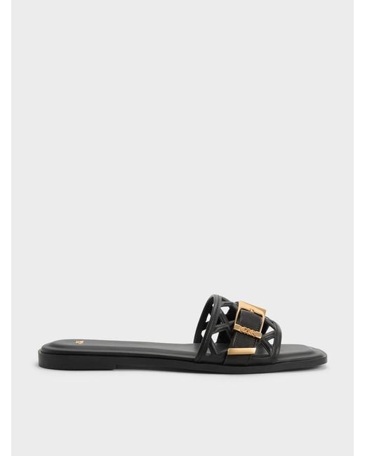 Charles & Keith Black Whitney Leather Cut-Out Slide Sandals