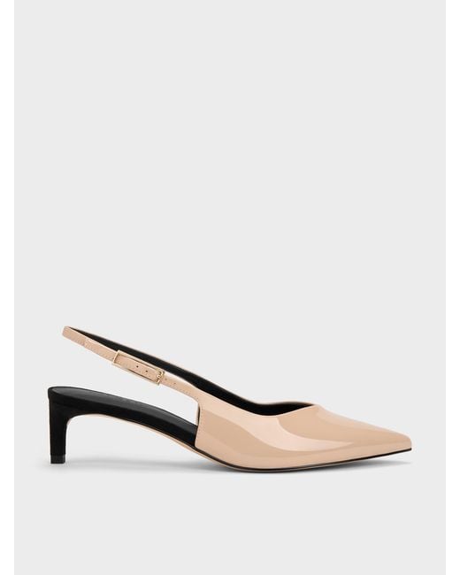 Charles & Keith Natural Luciana Patent Slingback Kitten Heels