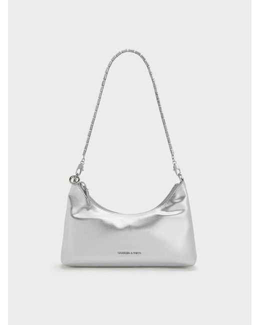 Charles & Keith White Metallic Crystal-Embellished Chain-Handle Two-Way Bag