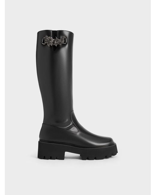 Charles & Keith Black Imogen Rose-motif Chunky Knee-high Boots