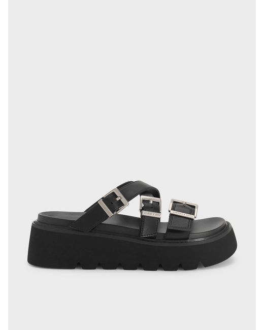 Charles & Keith Black Laine Buckled Flatform Sandals