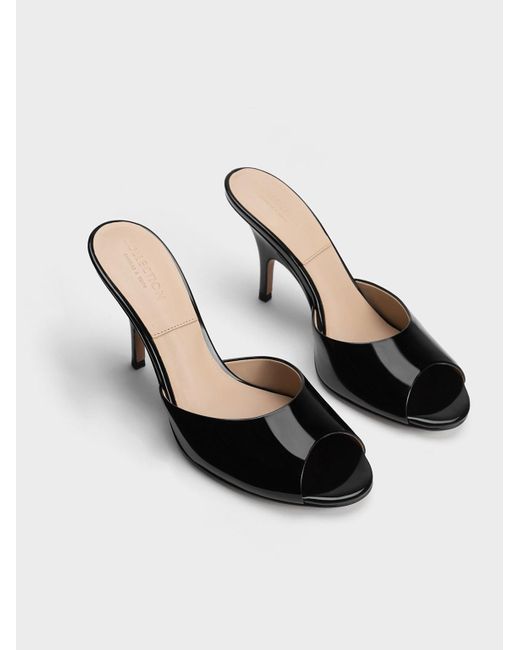 Charles & Keith Black Patent Leather Round-toe Heeled Mules