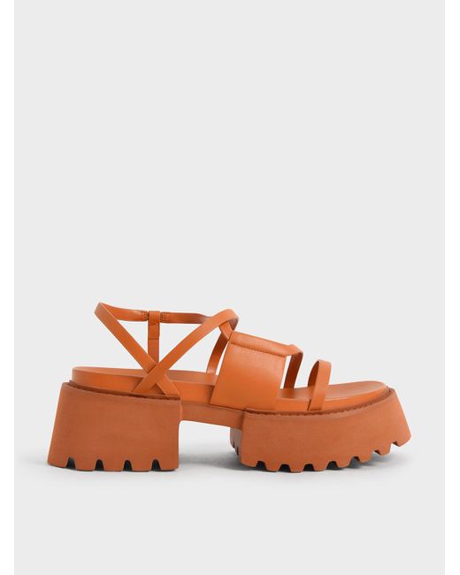 Run Source Opaque Charles & Keith Denim Nadine Strappy Platform Sandals in Orange | Lyst