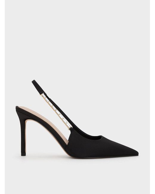 Charles & Keith White Satin Embellished-Strap Pointed-Toe Slingback Pumps