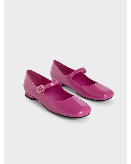 Charles & Keith Pink Patent Crinkle-effect Pearl-buckle Mary Janes