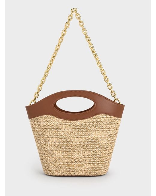 Charles & Keith Multicolor Raffia Chain-link Curved-handle Bucket Bag