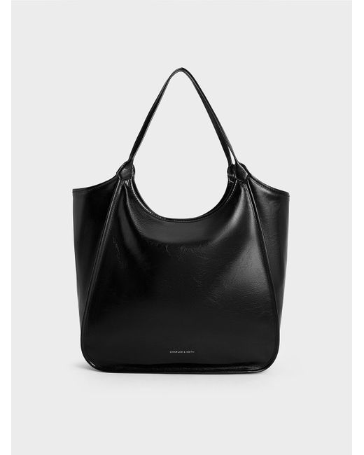 Charles & Keith Black Sianna Crinkle-Effect Slouchy Tote Bag