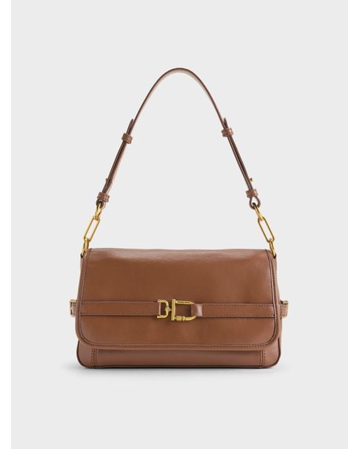 Charles & Keith Brown Gwynne Metallic-buckle Belted Shoulder Bag