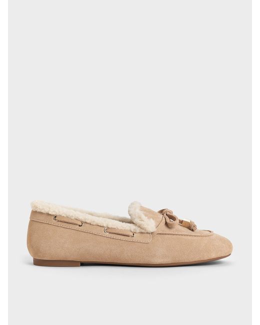 Charles & Keith Natural Gavyn Suede Shearling-Lined Boat Shoes