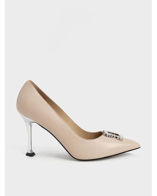 Charles & Keith White Leather Gem Pumps