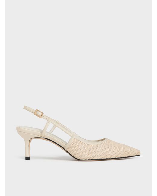 Charles & Keith Natural Raffia Pointed-Toe Slingback Pumps