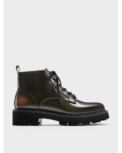 Charles & Keith Black Ridged-Sole Side-Zip Combat Boots