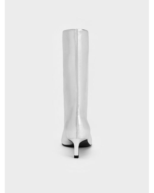 Charles & Keith White Metallic Elongated Tapered-Toe Kitten-Heel Calf Boots
