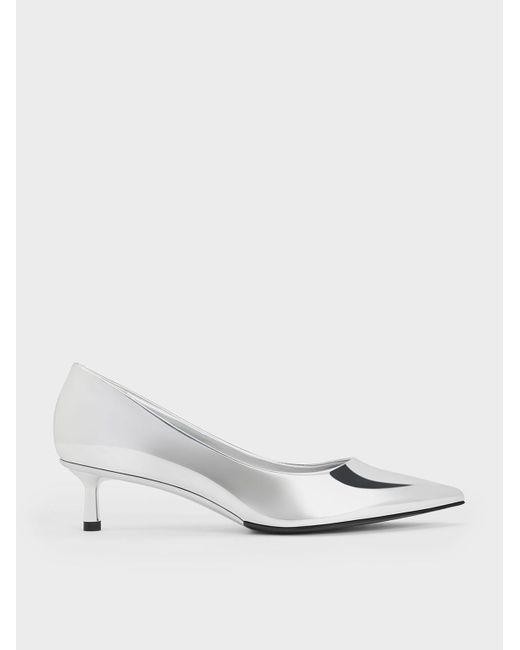 Charles & Keith White Curtis Metallic Pointed-Toe Kitten Heel Pumps