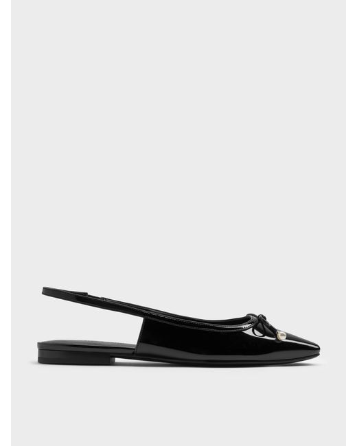 Charles & Keith White Barbara Patent Pearl-Bow Slingback Flats
