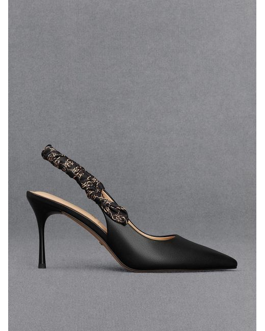 Charles & Keith Black Leather Ruched Print Slingback Pumps