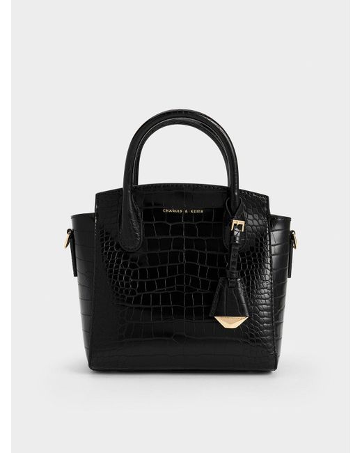 Charles & Keith Black Harper Croc-effect Structured Top Handle Bag