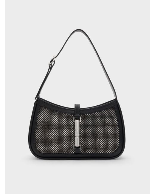 Charles & Keith Black Cesia Satin Crystal-Embellished Metallic-Accent Shoulder Bag