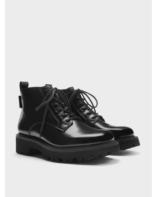 Charles & Keith Black Ridged-Sole Side-Zip Combat Boots