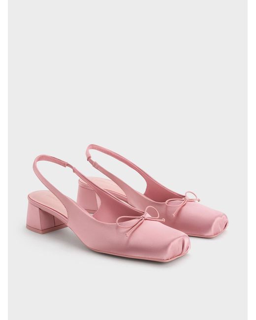 Charles & Keith Pink Satin Bow Square-Toe Slingback Pumps