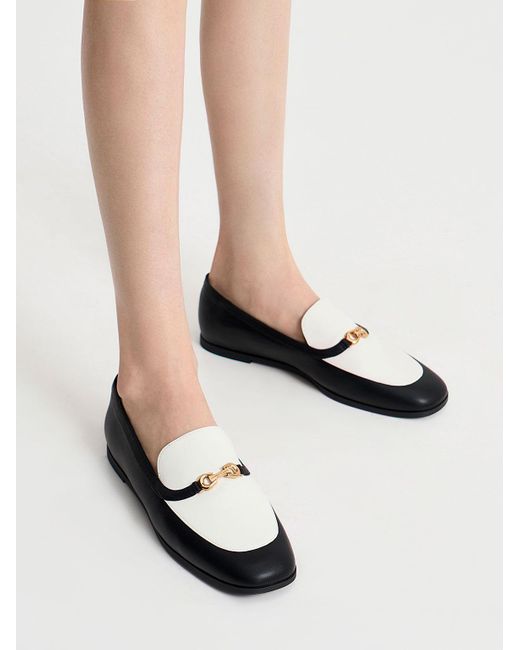 Charles & Keith White Metallic Accent Two-tone Round-toe Loafers