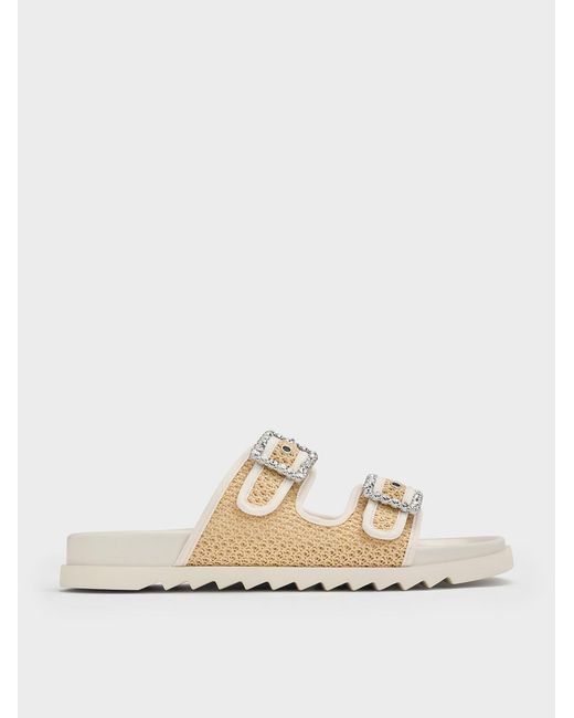 Charles & Keith Natural Raffia Gem-Buckle Double-Strap Sandals