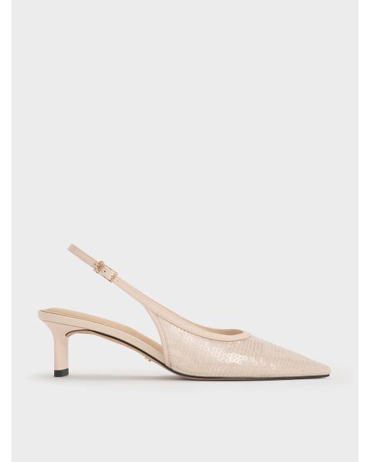 Charles & Keith Natural Sequin Mesh & Leather Slingback Kitten Heels