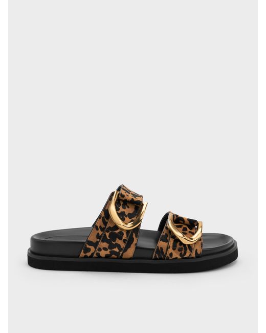 Charles & Keith Multicolor Gabine Leopard-Print-Buckle Leather Slides